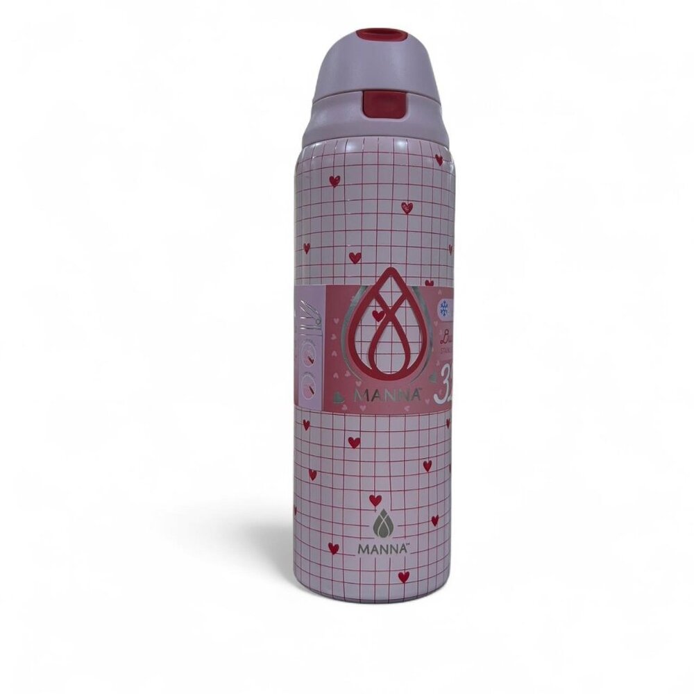 Manna Pink Heart Pattern 32oz Stainless Steel Water Bottle Flip Straw